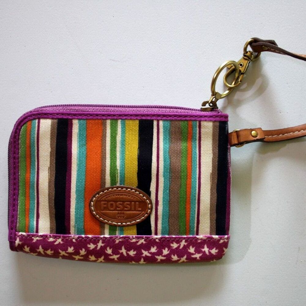 Fossil Key-Per Wristlet Wallet Coated Canvas Stripe Bird Print Zip Around Y2K